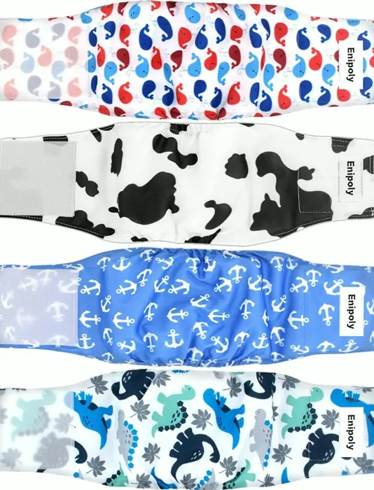 Washable Male Puppy Belly Bands (Set of 4), High Absorbent Belly Bands with Patterns