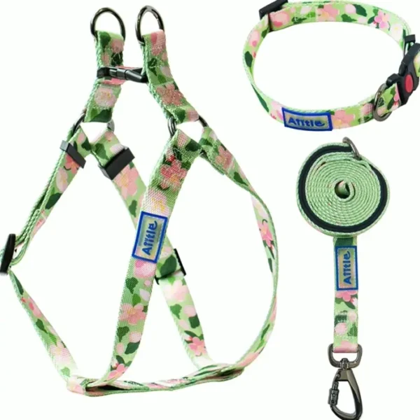 Adjustable Dog Harness Set - No Pull Patterned - Green Flower