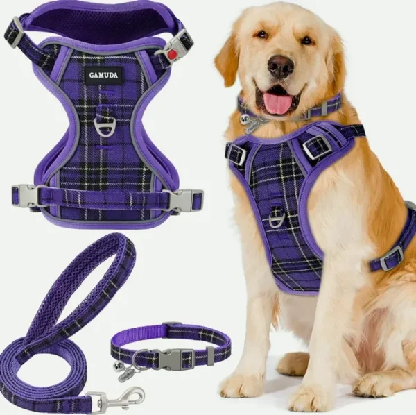 Pet Vest Set, Collar & Leash, Plaid Mid-Size