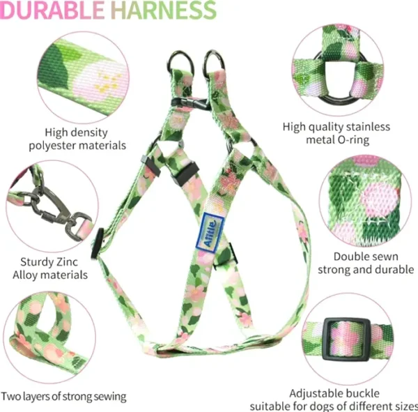 Adjustable Dog Harness Set - No Pull Patterned - Green Flower