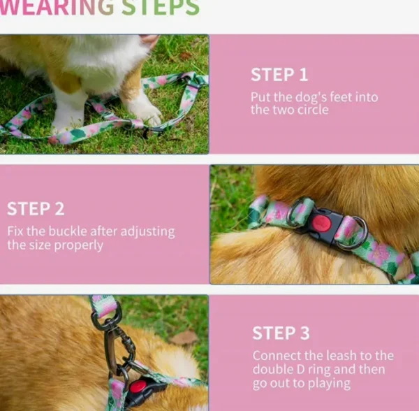 Adjustable Dog Harness Set - No Pull Patterned - Green Flower