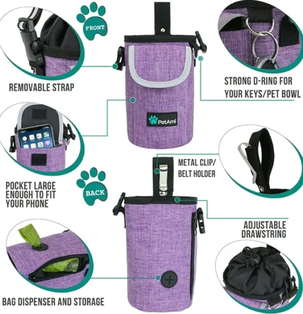 Pet Pouch Dog Treat, Large Pet Trainer Bag with Pocket, Trainer Supplies Holder with Poop Bag Dispenser, 3 Methods to Carry (Purple)