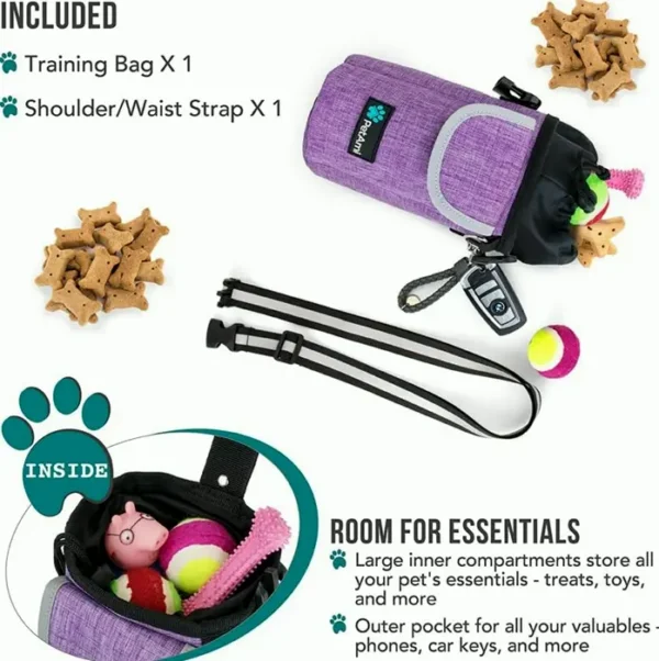 Pet Pouch Dog Treat, Large Pet Trainer Bag with Pocket, Trainer Supplies Holder with Poop Bag Dispenser, 3 Methods to Carry (Purple)